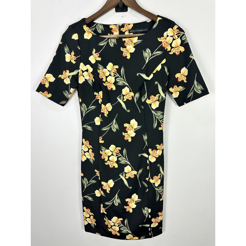 White House Black Market Sheath Dress Womens 0 Black Yellow Orchid Floral Mini